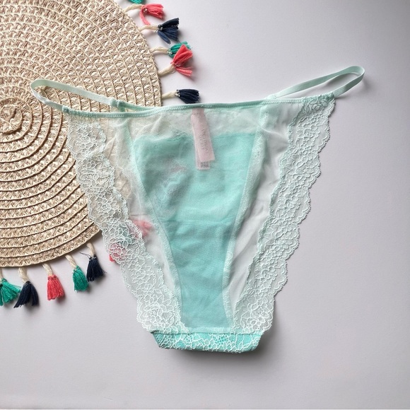 Victoria's Secret Lace & Mesh String Bikini Panty Crystal Water XXL NEW - Picture 3 of 3